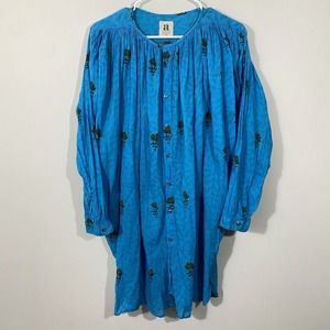 AISH Long Sleeve Button Down Tunic Dress Womens O/S Blue Cotton Made In India